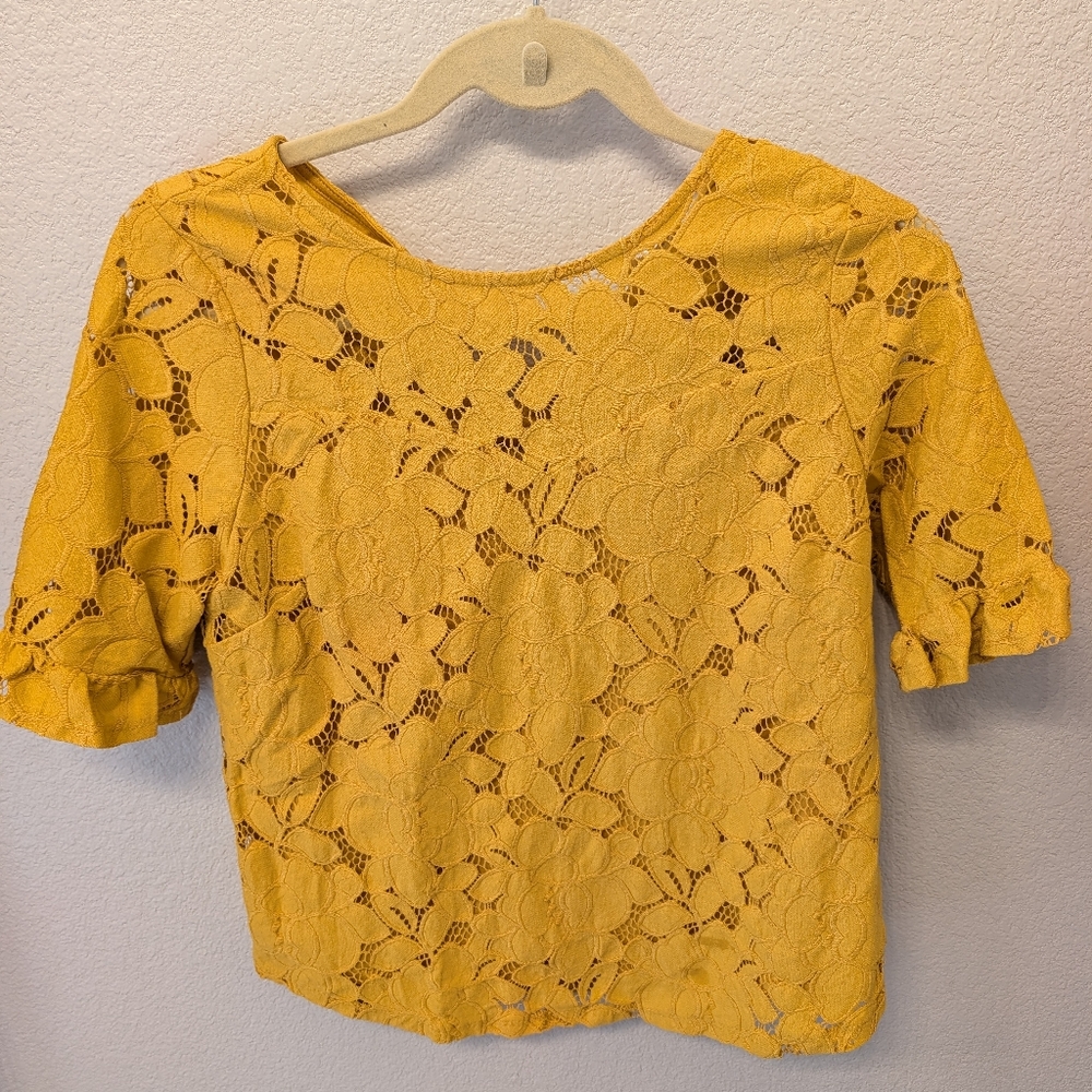 Yellow Lace Women's Top With Ruffle Sleeves